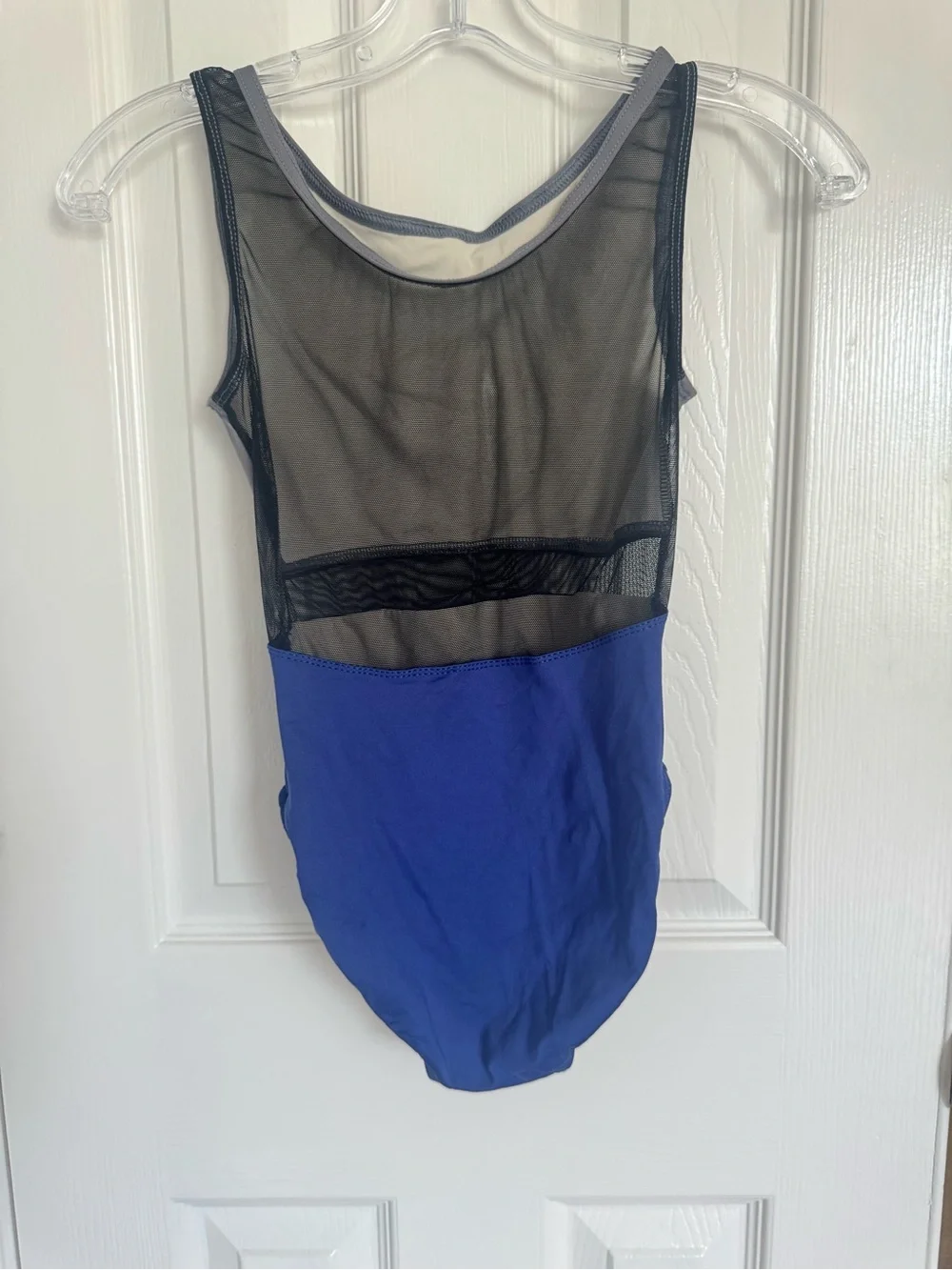 Ella Dancewear Two-Tone Blue and Gray Leotard with Black Mesh Accents